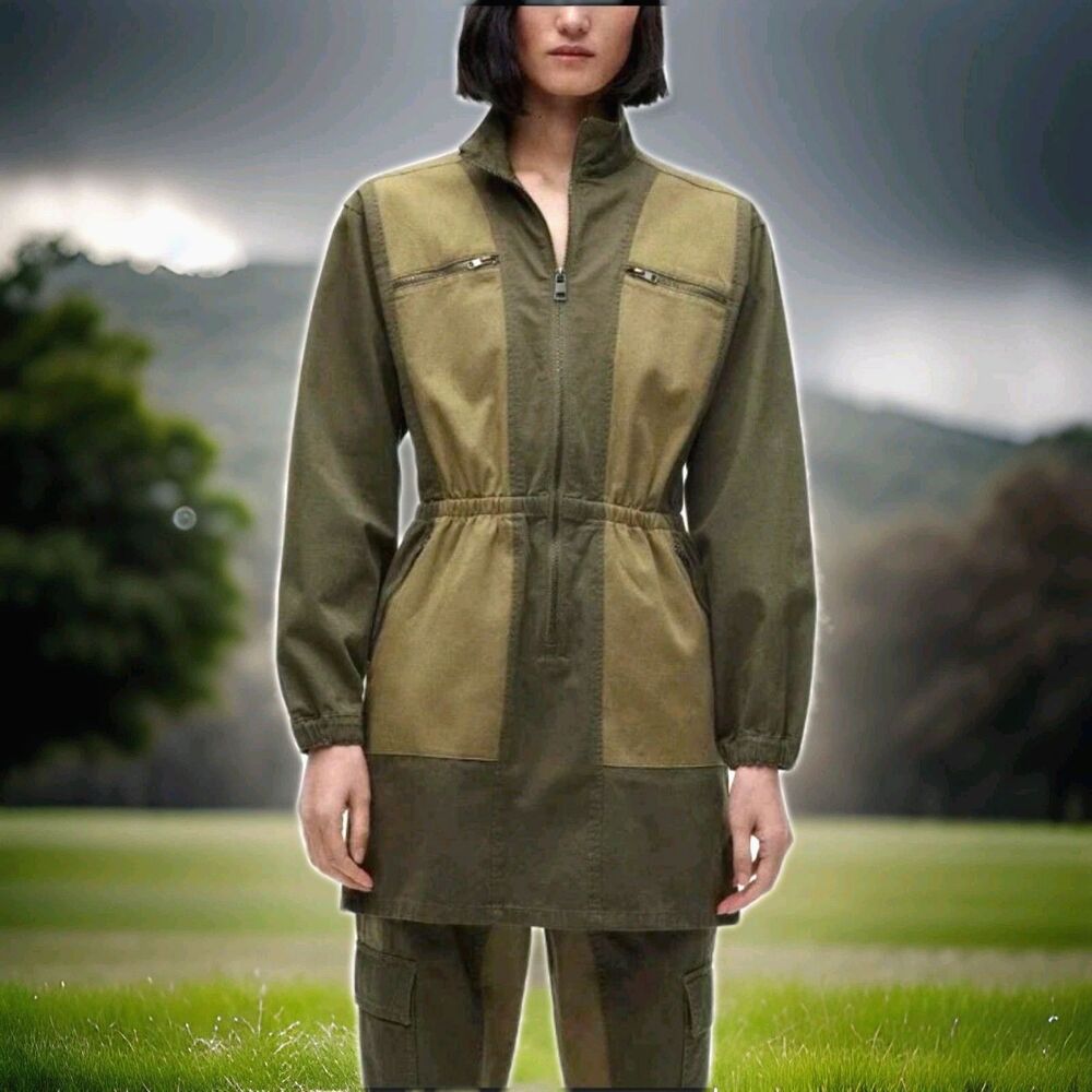 ZARA Contrast mini dress 2449/044 Drab Olive Green US Small Long Sleeve
